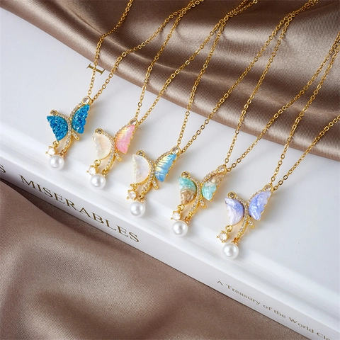 Collar Con Colgante De Mariposa Con Perla Artificial Y Decoración De Diamantes De Imitación Joyería De Moda Para Mujer