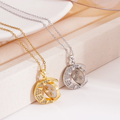 Draaiende Ster Maan Hanger Ketting Koper Strass Ingelegde Mode Elegante Sleutelbeenketting Voor Dames Dagelijks Feest Sieraden