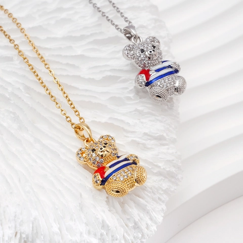 Fashion Copper Rhinestone Teddy Bear Pendant Necklace Cute Sailor Style Striped Bear Heart Charm Hip Hop Jewelry For Women