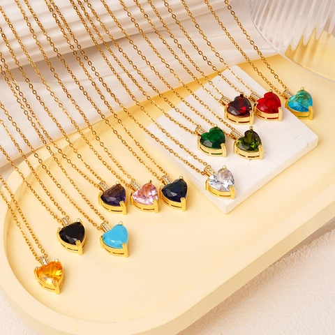 Collana con Pendente a Cuore in Rame Vintage per Donna Pietra Natales Intarsiata con Zirconia Placcata in Oro Catena Girocollo Elegante Gioielli Regalo