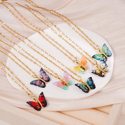 Collar con Colgante de Mariposa de Moda Mujer Cobre Chapado en Oro 18K Plata Cadena de Acero Inoxidable Zirconia Resina Joyería