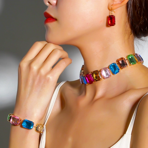 Luxurious Alloy Rhinestone Rectangle Geometric Necklace Bracelet Earrings Jewelry Fashion For Women Party Wedding Bridal Accessories
