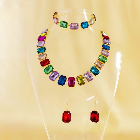 Luxurious Alloy Rhinestone Rectangle Geometric Necklace Bracelet Earrings Jewelry Fashion For Women Party Wedding Bridal Accessories