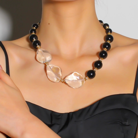 Collana con Perline di Strass Trasparenti Chunky da Donna Catena per Clavicola con Perle Artificiali Nere Gioielli Statement
