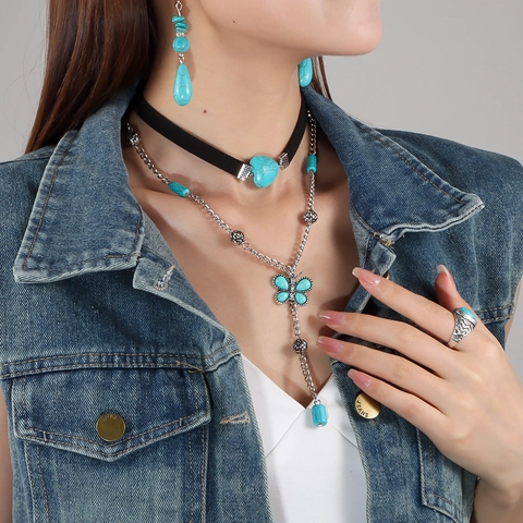 Vintage Bohemian Butterfly Τυρκουάζ Μενταγιόν Κολιέ Και Heart Velvet Choker Iron Rhinestone Tassel Κοσμήματα Για Γυναίκες