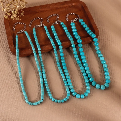 Collana Vintage Bohémien con Perline di Turchese per Donna Choker in Pietra Tonda con Chiusura in Lega Regolabile
