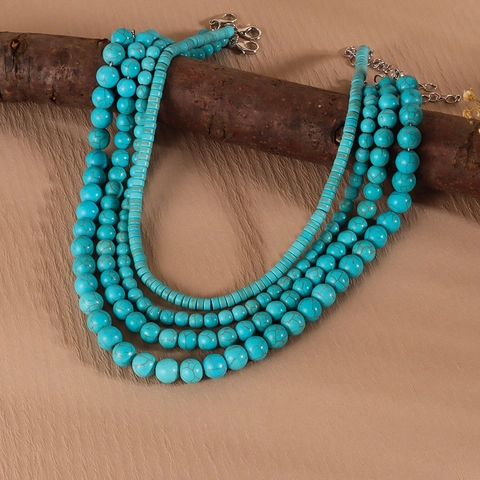 Collana Vintage Bohémien con Perline di Turchese per Donna Choker in Pietra Tonda con Chiusura in Lega Regolabile