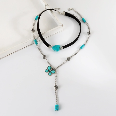 Vintage Bohemian Butterfly Τυρκουάζ Μενταγιόν Κολιέ Και Heart Velvet Choker Iron Rhinestone Tassel Κοσμήματα Για Γυναίκες