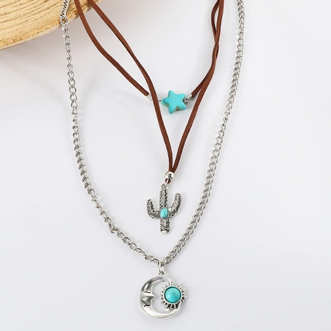 Collar Bohemio Multicapa Con Colgante De Turquesa Para Mujer Retro Hierro Cordón De Terciopelo Cactus Sol Luna Estrella Joyería
