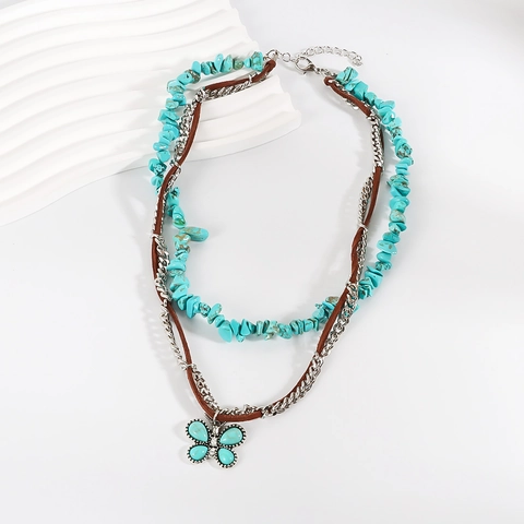 Collier Bohème Ethnique Pendentif Papillon Turquoise Multicouche Vintage Chaîne en Fer Cordon Velours Strass Bijoux Femme