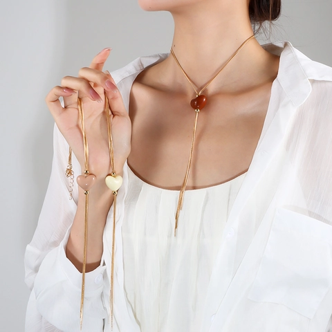 Elegant Alloy Heart Pendant Necklace For Women Adjustable Golden Snake Bone Chain Long Tassel Sweater Necklace Jewelry