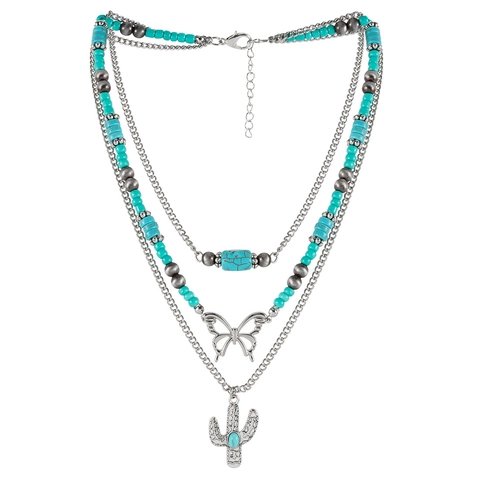 Bohemian Turquoise Multi-layer Necklace For Women Vintage Ethnic Layered Pendant Necklace Butterfly Cactus Moon Sun Jewelry