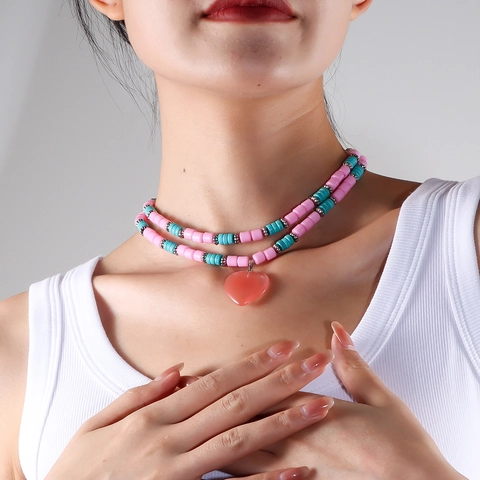 Sweet Double Layered Beaded Heart Pendant Necklace Plastic Turquoise Choker For Women Bohemian Contrast Color Jewelry Gift