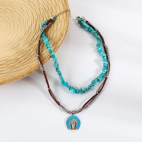 Vintage Ethnisch Indianer Häuptling Anhänger Halskette Unregelmäßig Türkis Mehrlagig Choker Für Damen Bohemian Handgefertigt Schmuck