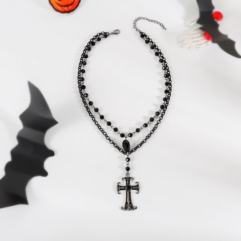 Gotische Schwarze Doppellagige Kreuz Anhänger Halskette Für Damen Vintage Punk Perlenkette Schlüsselbein Kette Halloween Schmuck