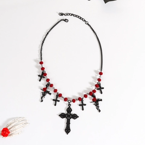 Gothische Halskette Mit Roten Perlen Kreuz Und Rose Anhänger Für Damen Schwarze Metallkette Halloween Party Punk Schmuck
