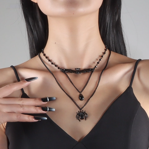 Gothic Iron Alloy Multi-layer Halloween Bat Spider Pendant Necklace Vintage Black Dark Style Women Halloween Party Jewelry