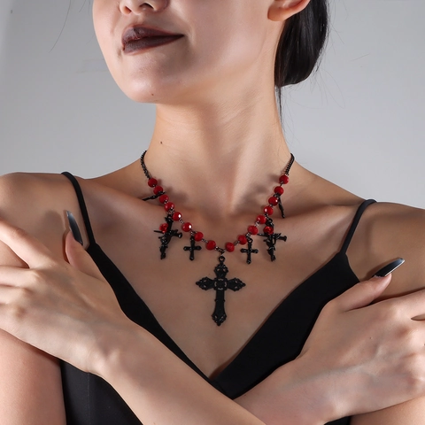 Gothische Halskette Mit Roten Perlen Kreuz Und Rose Anhänger Für Damen Schwarze Metallkette Halloween Party Punk Schmuck