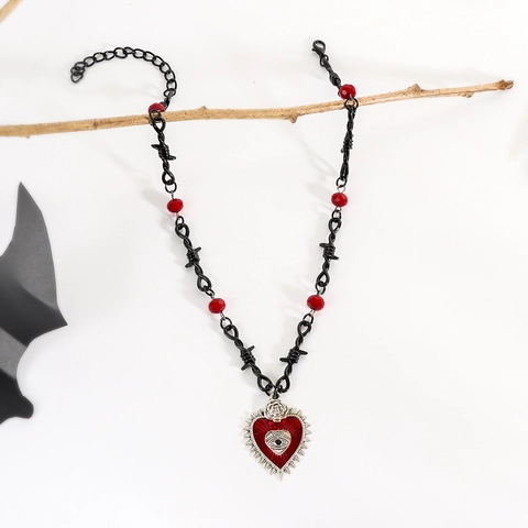 Gothic Vintage Dark Rose Heart Evil Eye Pendant Necklace Barbed Wire Chain Red Glass Beads Jewelry For Women Halloween Party