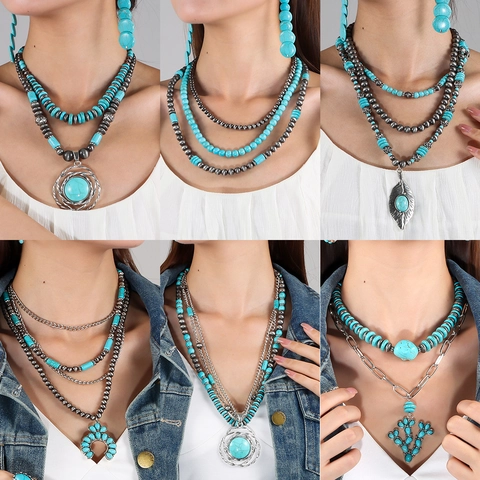 Bohemian Turquoise Multi-layer Necklace For Women Vintage Ethnic Layered Pendant Necklace Butterfly Cactus Moon Sun Jewelry
