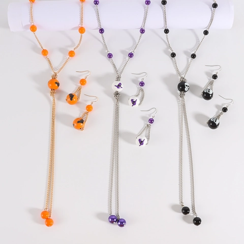 Halloween Jewelry Set For Women Iron Wood Bead Y-Shape Tassel Necklace Earrings With Bat Skull Witch Hat Pattern Gift