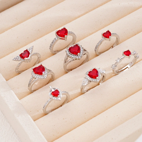 Women's Heart Red Zirconia Copper Open Ring Sweet Elegant Silver Plated Adjustable Finger Ring Jewelry Gift For Valentine's Day