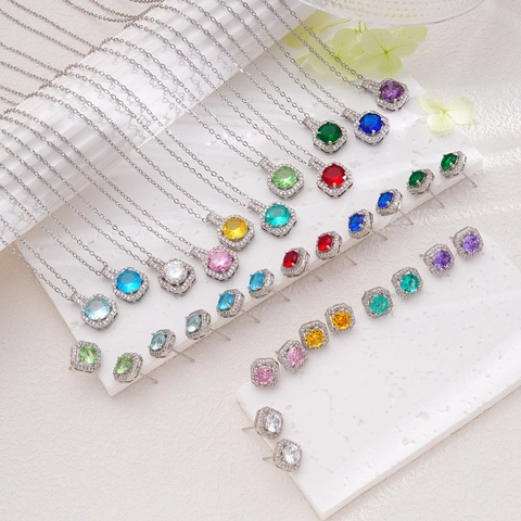 Copper Zirconia Jewelry Set Square Perfume Bottle Pendant Necklace Halo Stud Earrings For Women Fashion Jewelry Accessories