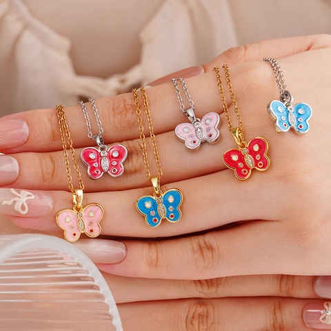 Moda Mariposa Colgante Collar Cadena de Acero Inoxidable Cobre Esmalte Zirconia Joyería Para Mujer Regalo Diario