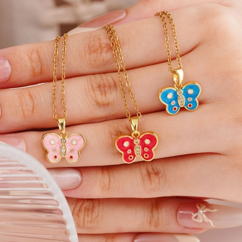 Moda Mariposa Colgante Collar Cadena de Acero Inoxidable Cobre Esmalte Zirconia Joyería Para Mujer Regalo Diario