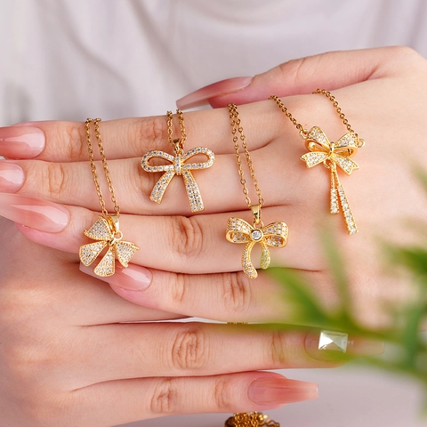 Luxurious Stainless Steel Bowknot Pendant Necklace For Women Copper Inlaid Zirconia Elegant Butterfly Ribbon Choker Jewelry Gift