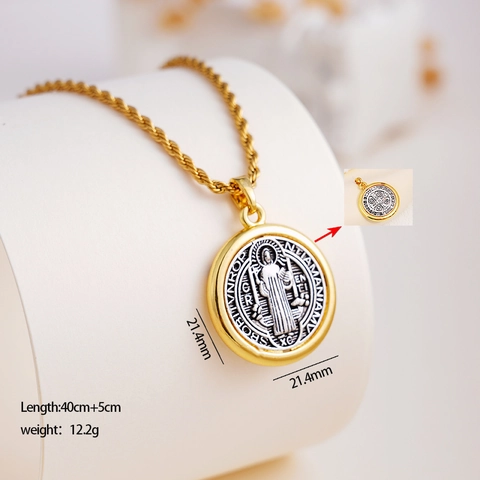 St Benedict Medal Cross Pendant Necklace For Women Men Gold Plated Copper Two Tone Religious Prayer Necklace Jewelry