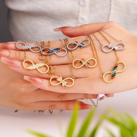 Women Infinity Symbol Pendant Necklace Copper Gold Plated Rainbow White Zirconia Adjustable Chain Fashion Jewelry Gift