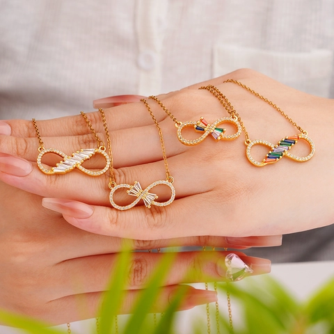 Women Infinity Symbol Pendant Necklace Copper Gold Plated Rainbow White Zirconia Adjustable Chain Fashion Jewelry Gift