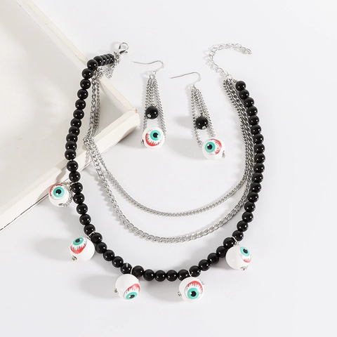 Halloween Gothic Eyeball Jewelry Necklace And Earrings Multi-Layered Black Beaded Chain For Women Party Costume Accessory