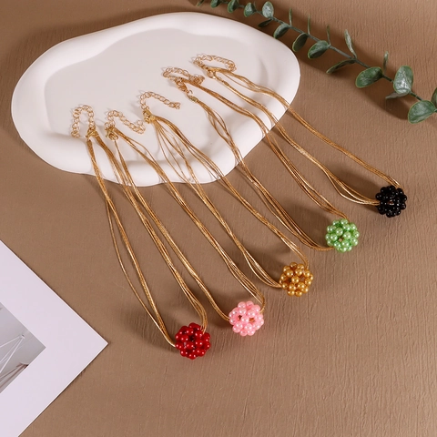 Minimalist Gold Alloy Woven Multi Strand Chain Necklace With Spherical Ball Cluster Pendant For Women Vintage Jewelry Accessory