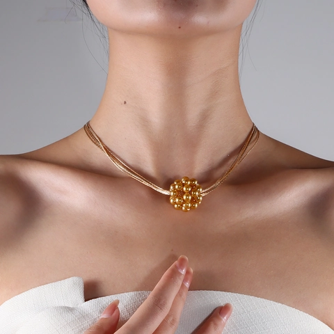 Minimalist Gold Alloy Woven Multi Strand Chain Necklace With Spherical Ball Cluster Pendant For Women Vintage Jewelry Accessory