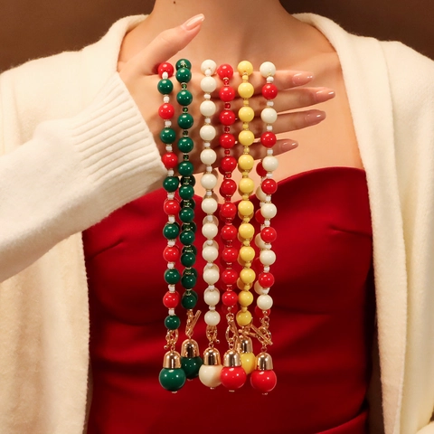 Kerst Kralenketting Voor Dames Vintage Plastic Hars Ronde Kralen Choker Met Gouden Legering OT Sluiting Feestelijke Sieraden