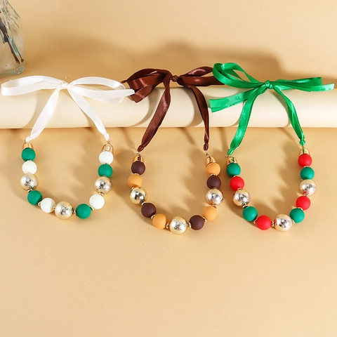 Christmas Series Chunky Acrylic Beaded Necklace For Women Retro Colorful Bead Choker With Satin Ribbon Tie Festive Party Jewelry