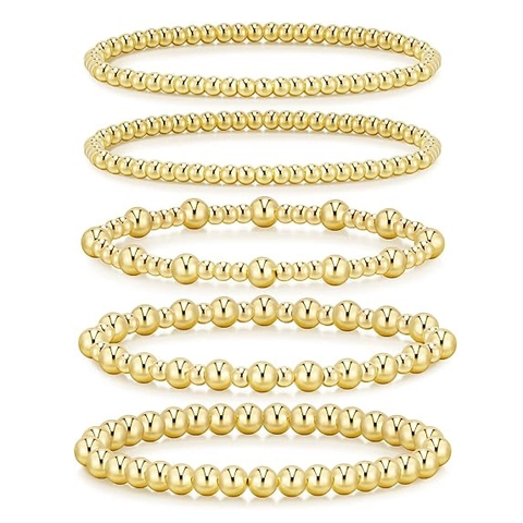 Minimalist Round Bead Elastic Bracelet Set For Women Gold Silver Polished Stacking Beaded Bangle Jewelry Gift