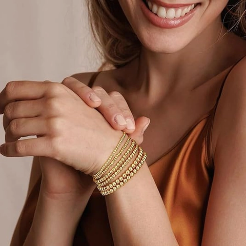 Minimalist Round Bead Elastic Bracelet Set For Women Gold Silver Polished Stacking Beaded Bangle Jewelry Gift