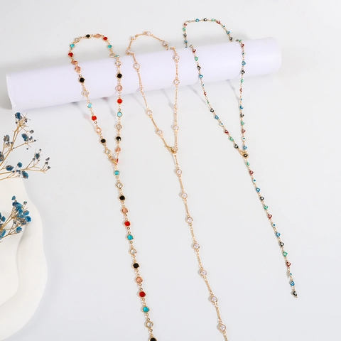 Fashion Long Y-Shaped Alloy Necklace For Women Colorful Rhinestone Heart Butterfly Evil Eye Pendant Gold Clavicle Chain Jewelry Gift