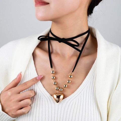 Legierung Gold Herz Anhänger Halskette Für Damen Schwarz Samtkordel Choker Verstellbar Süßer Cooler Mode Schmuck Zubehör
