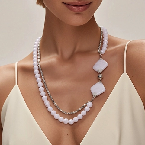 Damen Vintage Zweilagige Perlenkette Mit Geometrischem Rautenharz-Anhänger Mode Legierung Rundperlenkette Schmuck