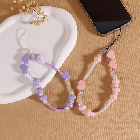 Sweet Heart Beaded Phone Charm Candy Color Acrylic Artificial Pearl Wrist Strap Phone Lanyard For Women Girls Decorative Phone Chain