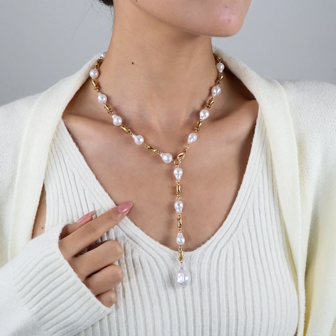 Collar Vintage en Forma de Y con Perlas Barrocas Artificiales para Mujer Aleación Chapado en Oro Cadena de Eslabones de Bambú Joyería