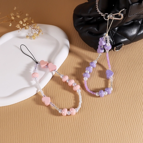 Sweet Heart Beaded Phone Charm Candy Color Acrylic Artificial Pearl Wrist Strap Phone Lanyard For Women Girls Decorative Phone Chain