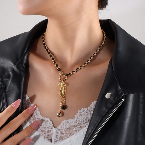 Vintage Bow Heart Pendant Necklace For Women Black Leather Interwoven Chain Tassel Necklace Gold Plated Alloy Rhinestone Jewelry