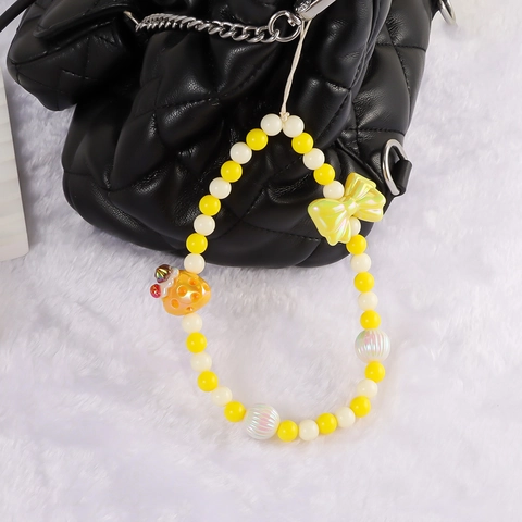 Sweet Yellow Strawberry Cake Beaded Phone Lanyard Ins Style Bow Decoration Anti-lost Wrist Strap For Women Phone Accessories