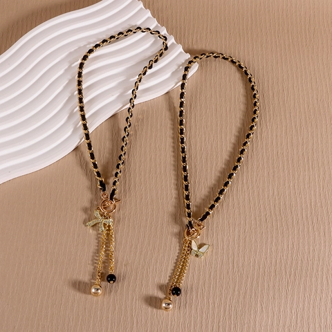 Vintage Bow Heart Pendant Necklace For Women Black Leather Interwoven Chain Tassel Necklace Gold Plated Alloy Rhinestone Jewelry