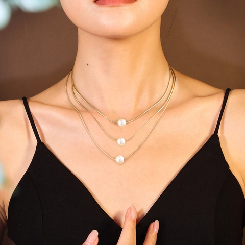 French Elegant Multi-layer Gold Snake Chain Necklace For Women Artificial Pearl Pendant Triple Layered Choker Jewelry Gift